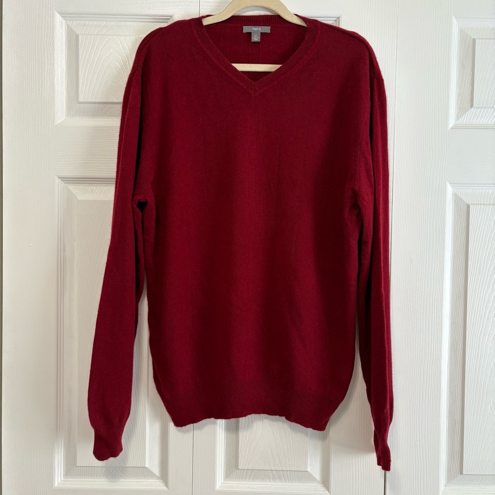 100% Cashmere Red Ribbed Knit Soft Pullover V-Neck Sweater Men's XL